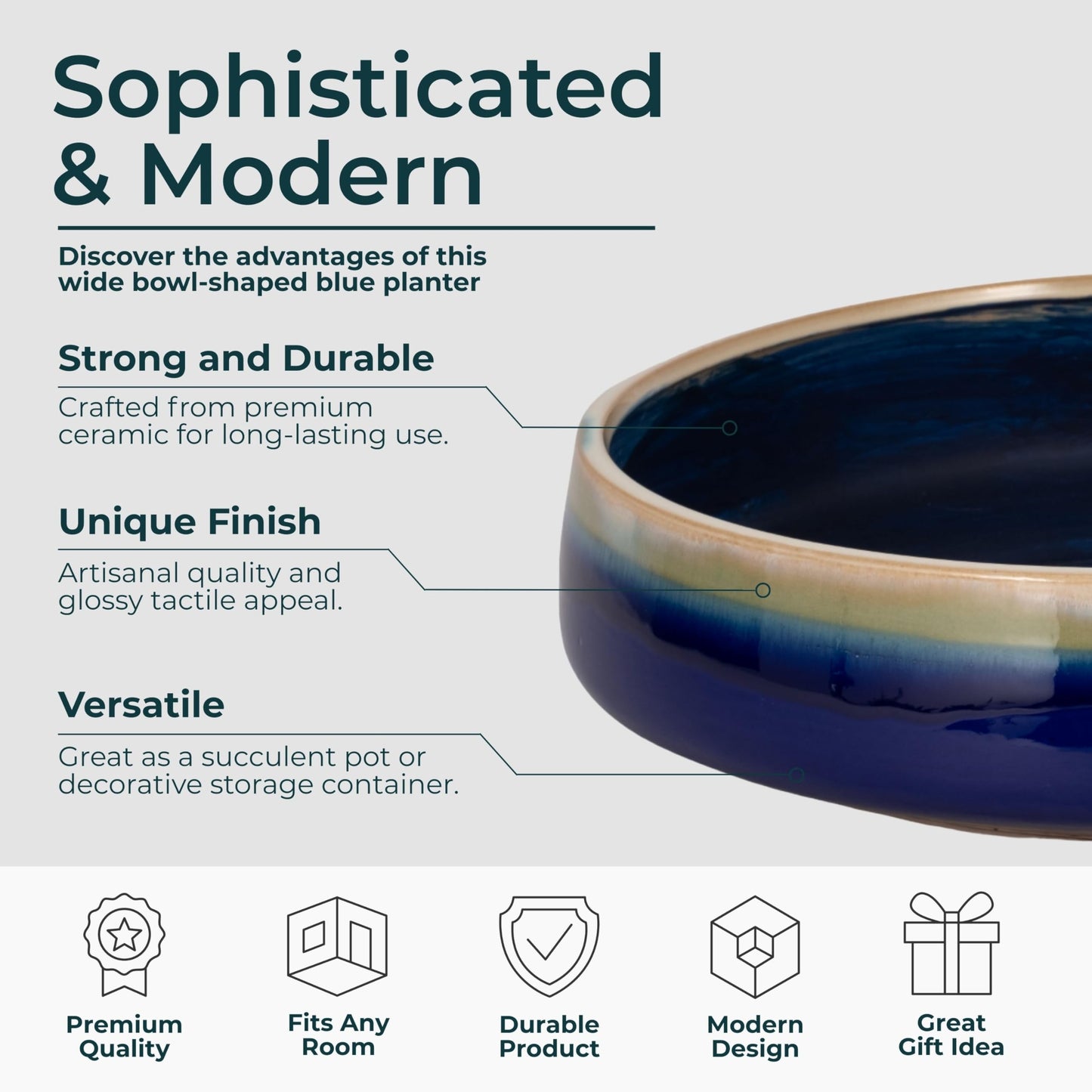 Ceramic Planters Bowl Pot – Planters for Succulents and Small Plants, Indoor Planter for Table, Shelf, or Desk, Wide, Low Profile Design-Forward Home Decor Accent – 4", Blue and White