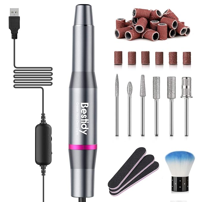 Bestidy Best Gift Electric Nail Drill Kit, USB Manicure Pen Sander Polisher with 6 Pieces Changeable Drills and Sand Bands for Exfoliating, Polishing, Nail Removing, Acrylic Nail Tools (B-Black)