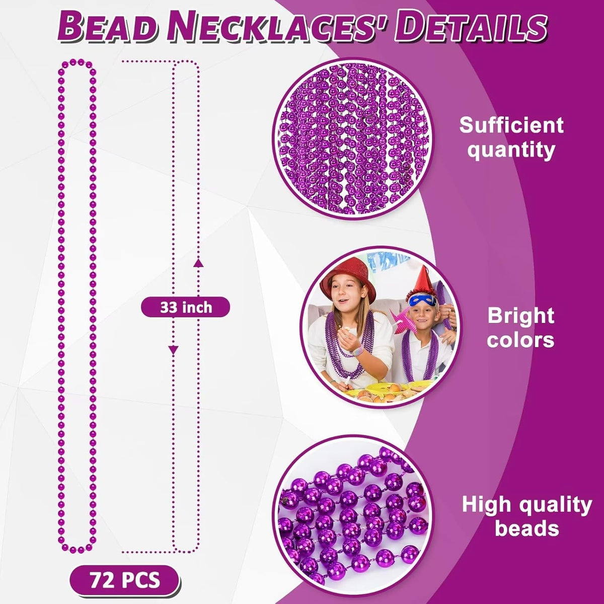 72PCS Mardi Gras Beads, Purple Bead Necklace Party Favors, 33" Beaded Necklaces Bulk, Festival Parade Throw Accessories for Halloween Mardi Gras Wedding Birthday Celebrations Decorations