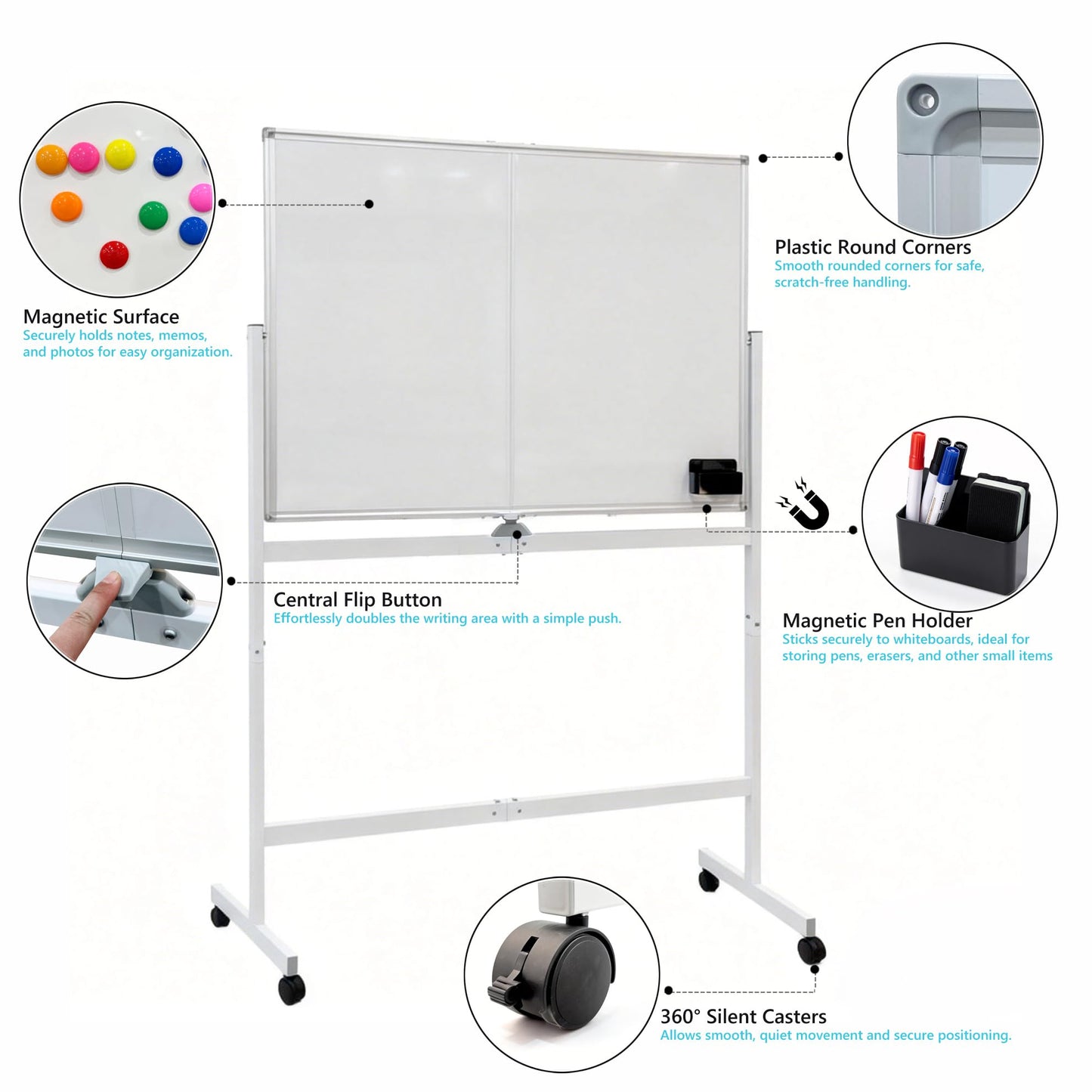 A AIRLLEN Rolling Whiteboard - 48x32 Double Sided Magnetic Dry Erase Board with One-Click Flip Button, Mobile Standing White Board for Teaching, Brainstorming & Office Presentations