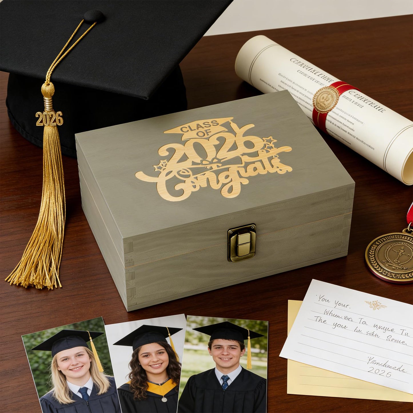 REMEIT Graduation Keepsake Box - Engraved Class of 2026 Wood Memory Box Congrats Grad Gift for Him Her, Perfect for Storing Graduation Memories & Mementos