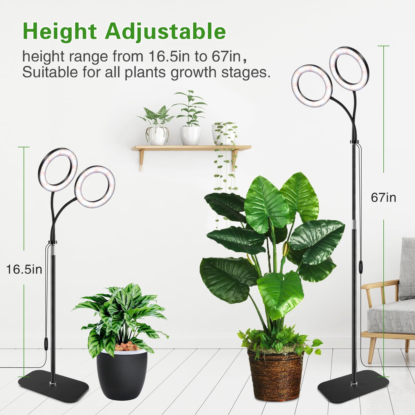 Grow Light with Stand for Indoor Plants, Dual Head Full Spectrum Floor Plant Light for Large Tall Plants, 16.5-68in Adjustable Height, 3/9/12H Timer, Dimmable, Modern Ring Grow Lamp for Home Décor
