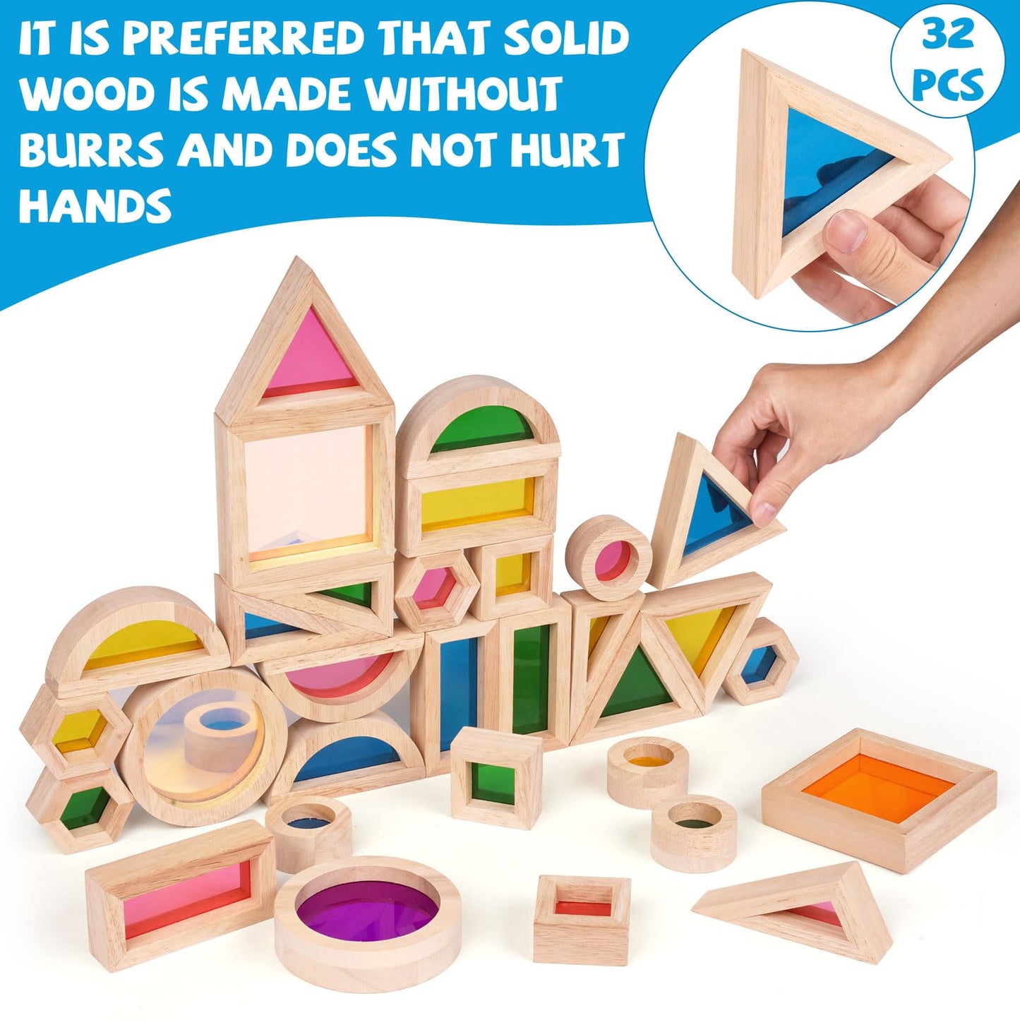 Agirlgle Wooden Rainbow Building Blocks for Kids 32 Pcs Rainbow Stacker Stacking Blocks Game Colorful Construction Toys Preschool Learning Educational Toys -Geometry Wooden Blocks for Boys & Girls