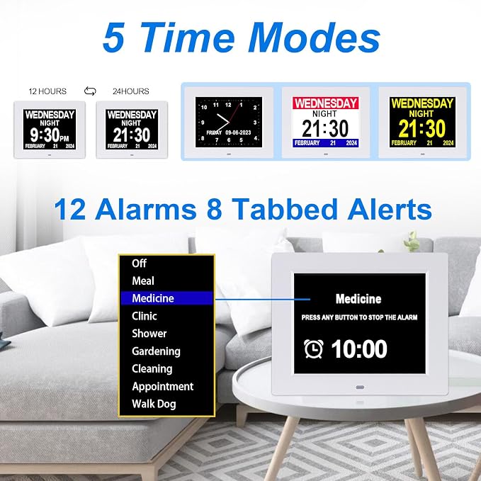 SSINI Dementia Clock Large Digital Calendar for Seniors with Date and Time - Elderly Digital Clock Large Display, 12 Custom Alarms (8 Inch)