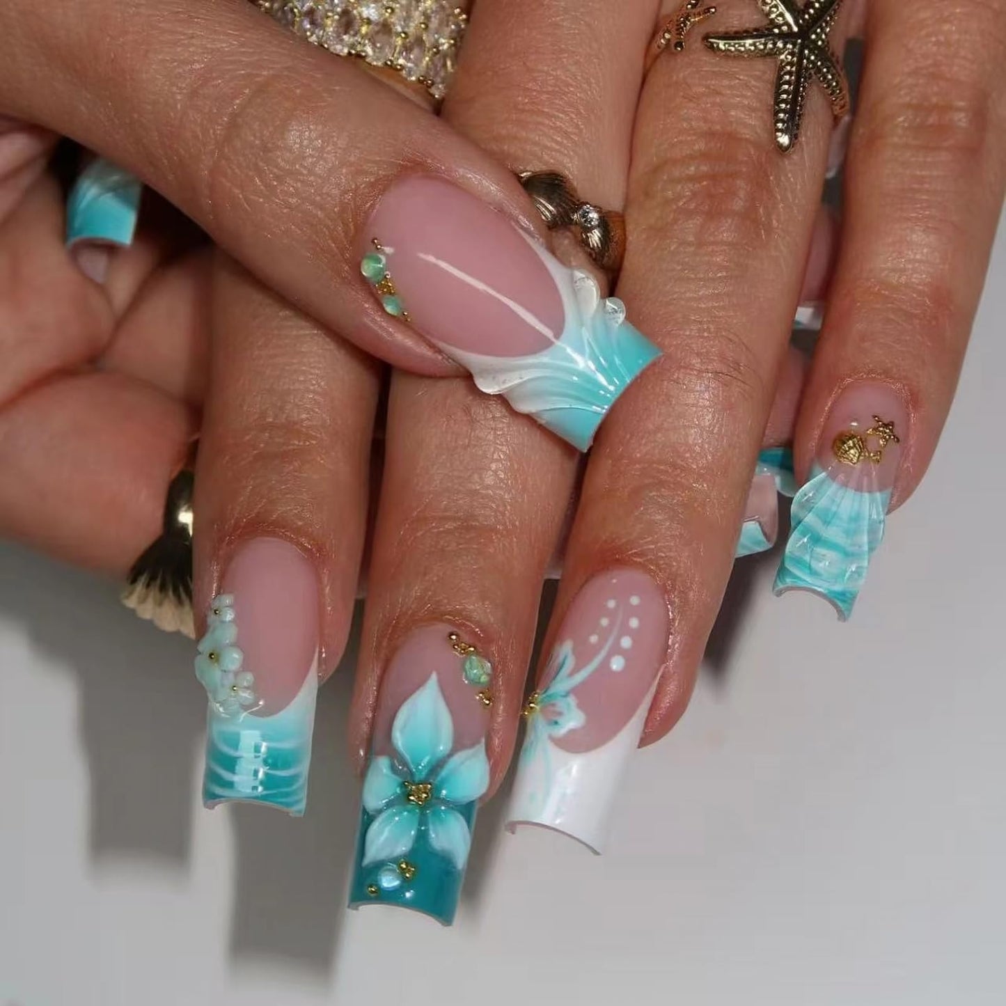 MISUD Press on Nails - Long Square Fake Nails with Green, Acrylic Handmade 3D Flower Design 24 pcs