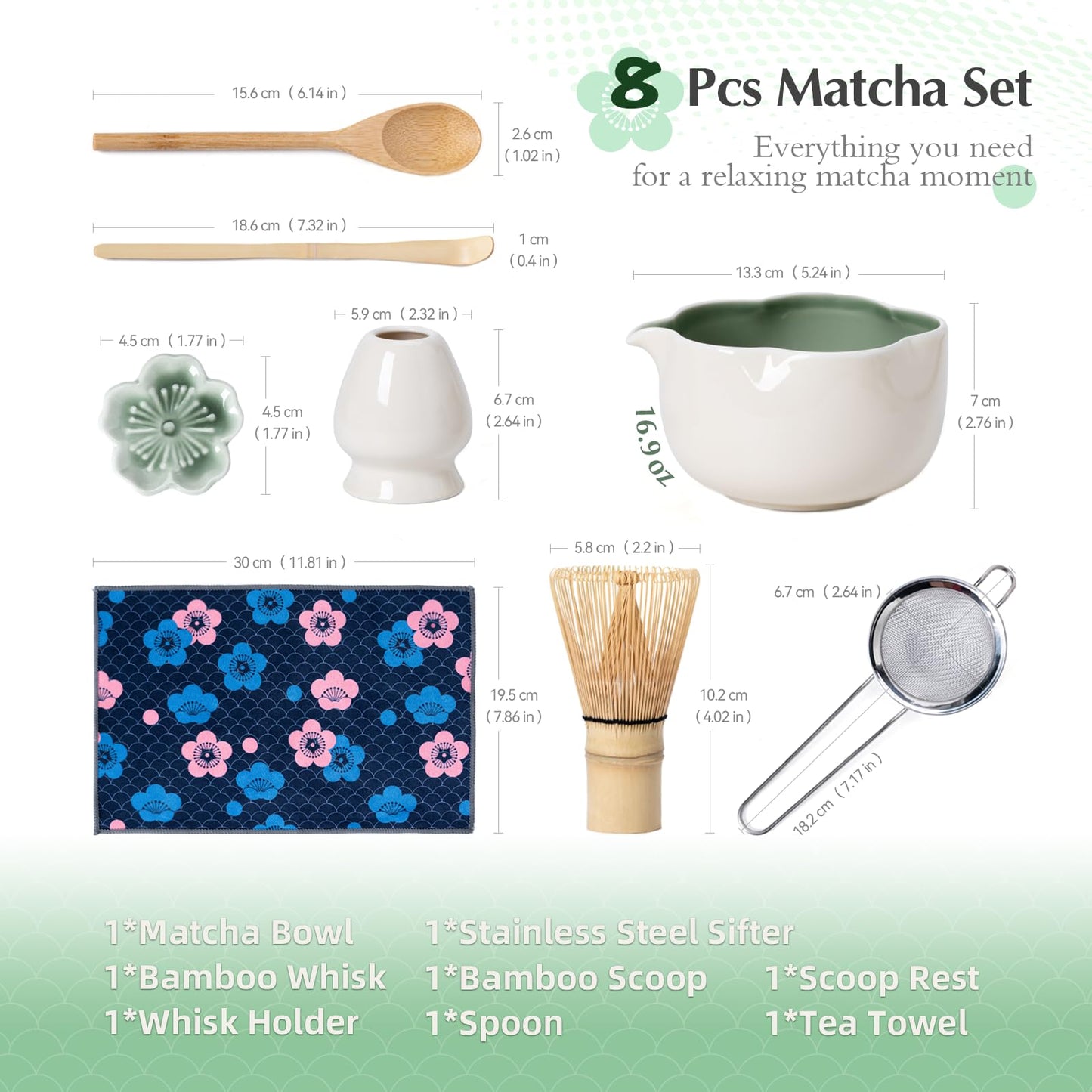 ChaseWind Matcha Set, 8Pcs Floral Ceramic Matcha Kit with Matcha Whisk, Holder, Scoop, Scoop Rest, Sifter, Spoon and Tea Towel - Thoughtful Matcha Whisk Set Gift for Matcha Lovers (Beige & Green)
