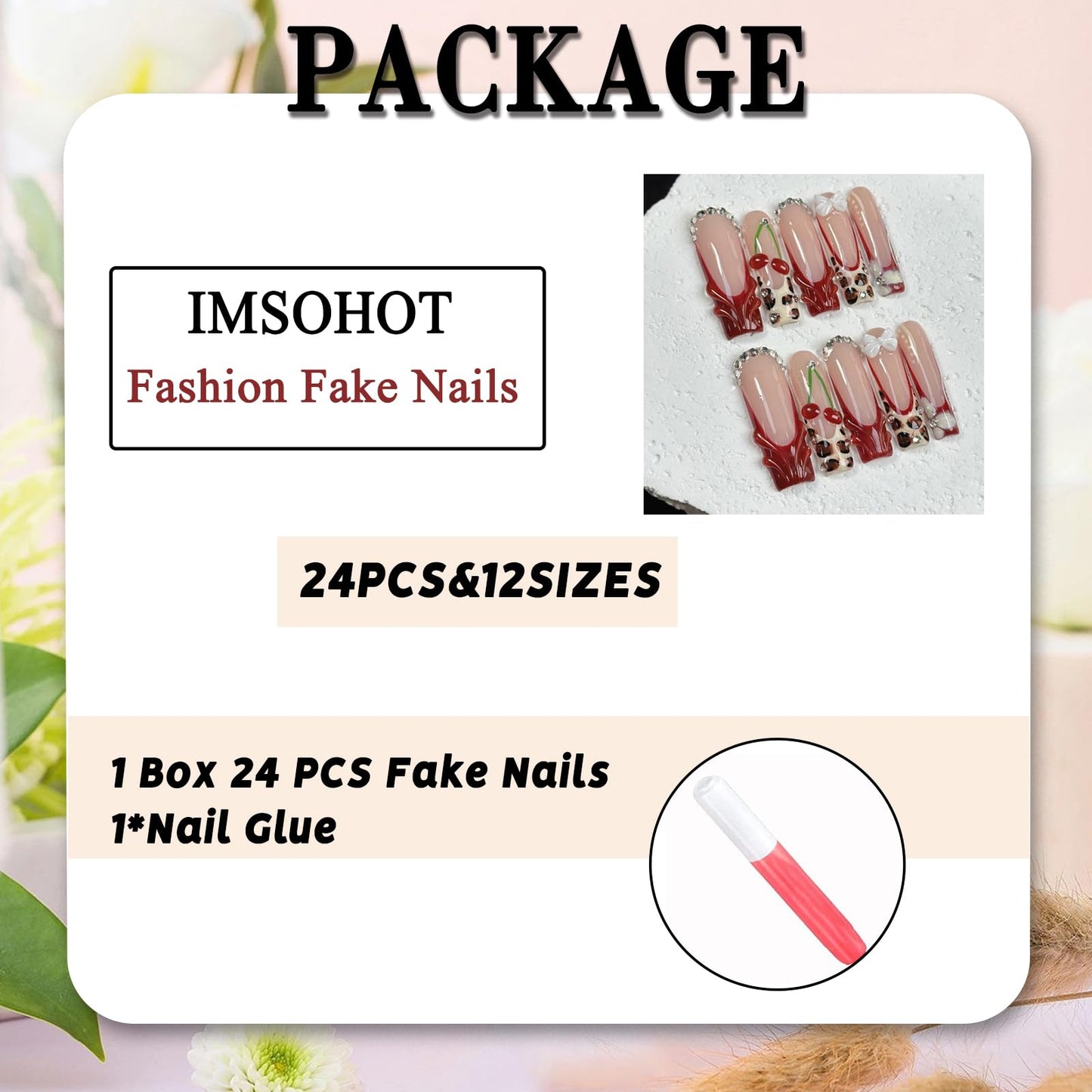 IMSOHOT Red Press on Nails Long Square Fake Nails French Tip False Nails with 3D Cherry & Rhinestones Designs Acrylic Full Cover Leopard Print Stick on Nails