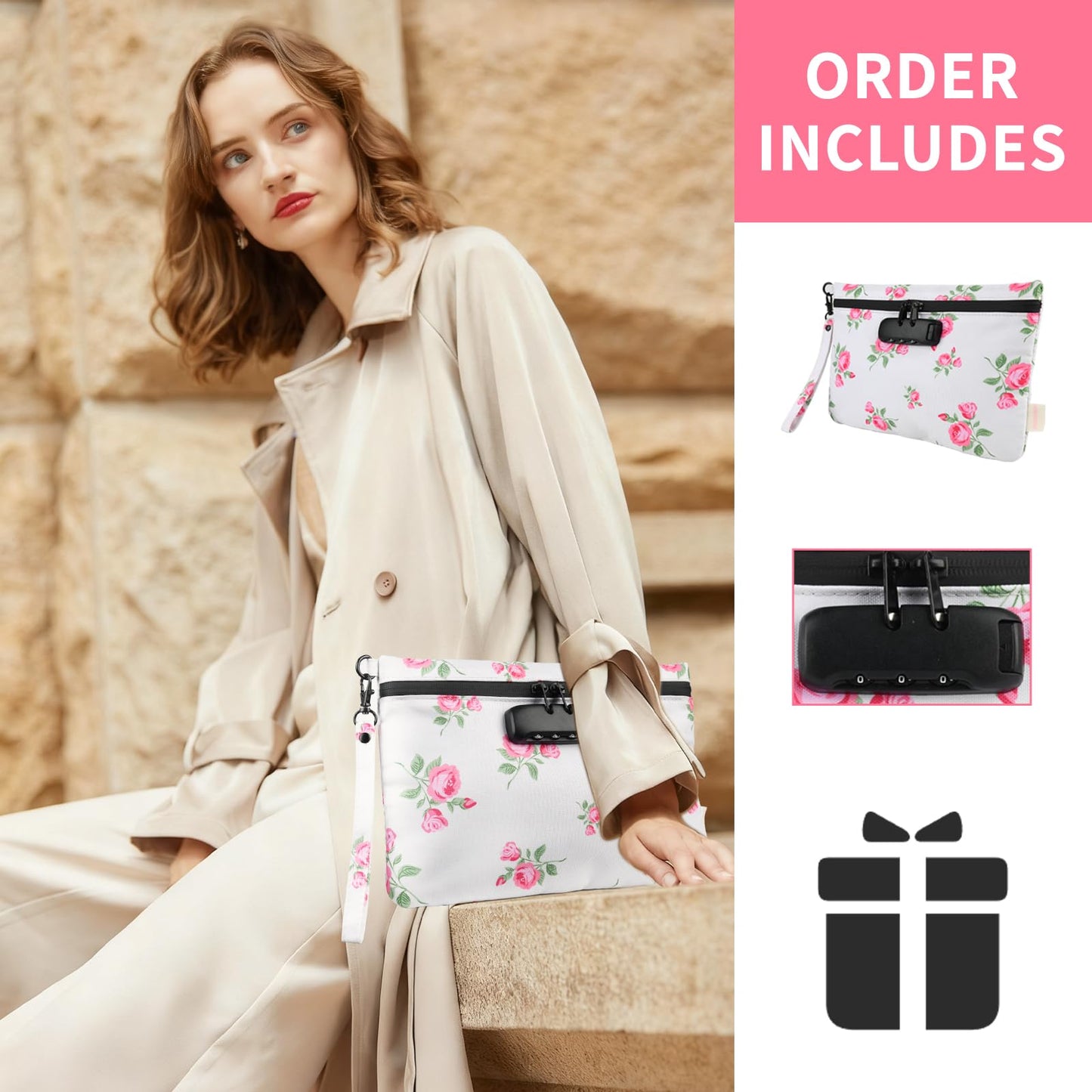 Aobelan Pink Rose Travel Pouch - Waterproof with Combination Lock, 8 Accessories and Gift Box