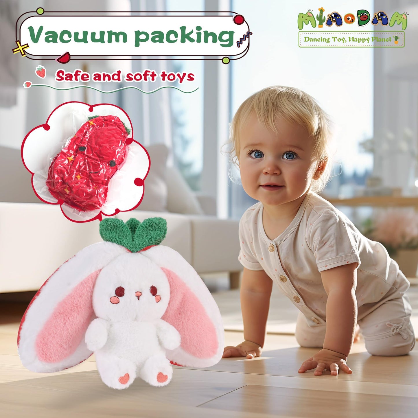 MIAODAM Easter Strawberry Bunny Plush Toy- Cute Soft Huggable Stuffed Animal for Kids & Collectors, Birthday Present & Nursery Decor 10inch