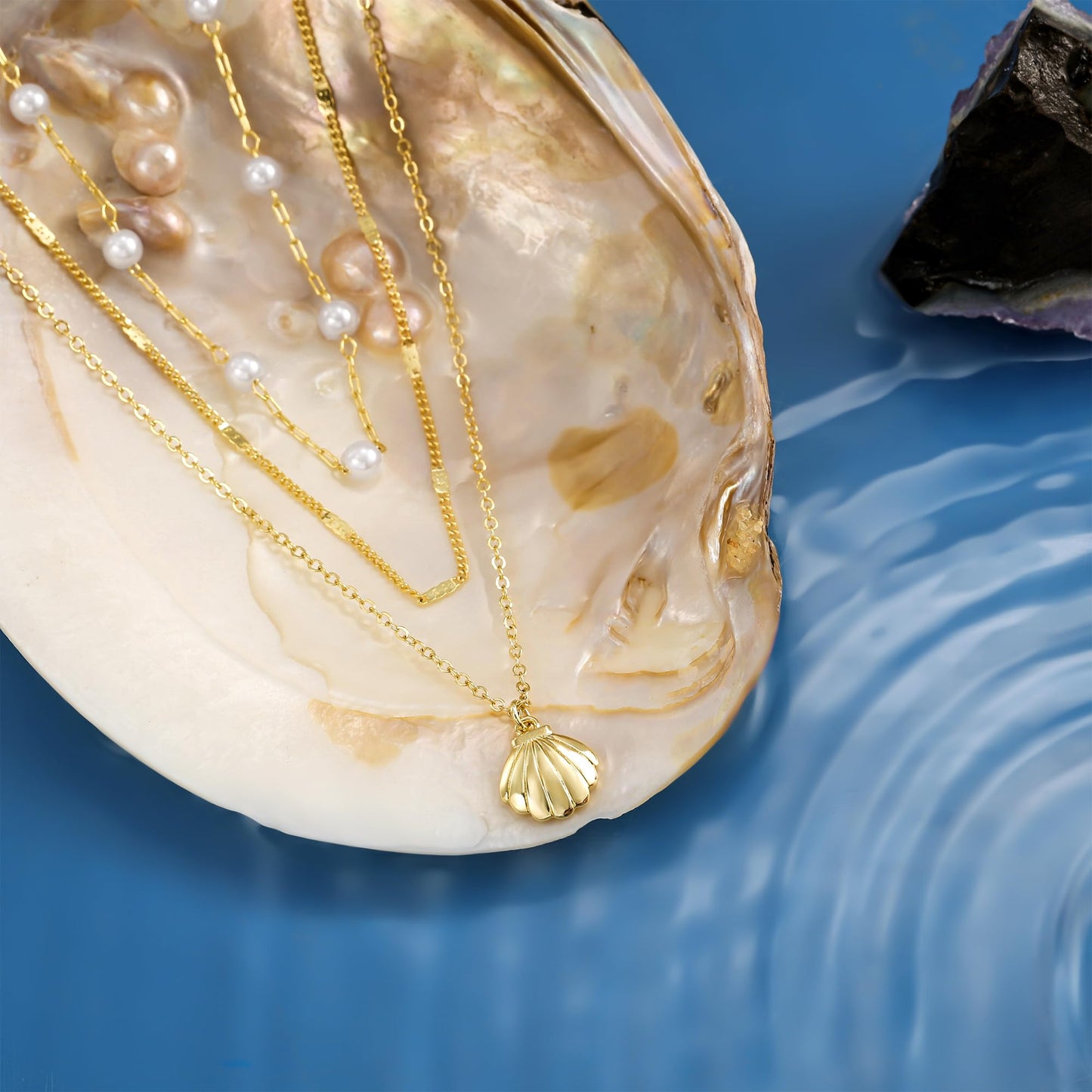 Picuzzy 14K Gold Plated Layered Seashell Pendant Necklace for Women Trendy Sea Shell Beach Stackable Necklace Stack Ocean Coastal Tropical Nautical Vacation Summer Jewelry Pearl Accessories for Women