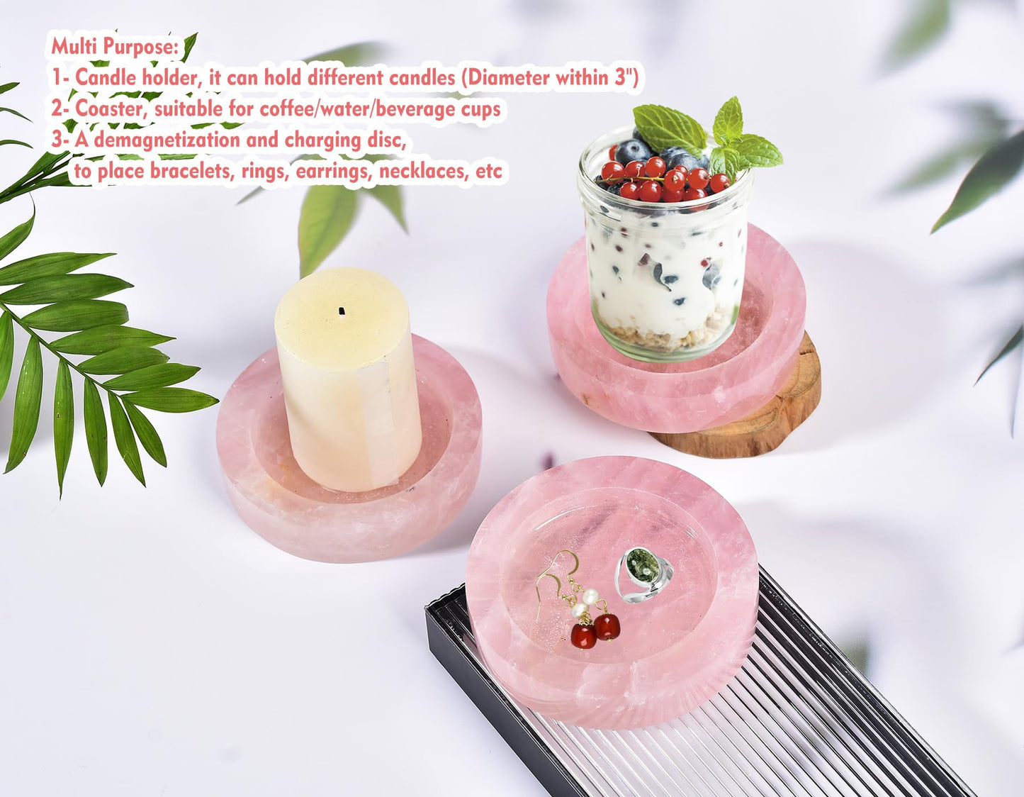 AMOYSTONE Rose Quartz Candle Holder (Pink) Large 4" Round Plate with Dual Use as Coaster & Charger for Jewelry - Natural Crystal Candle Tray for Bedroom, Bathroom, Wedding Decor