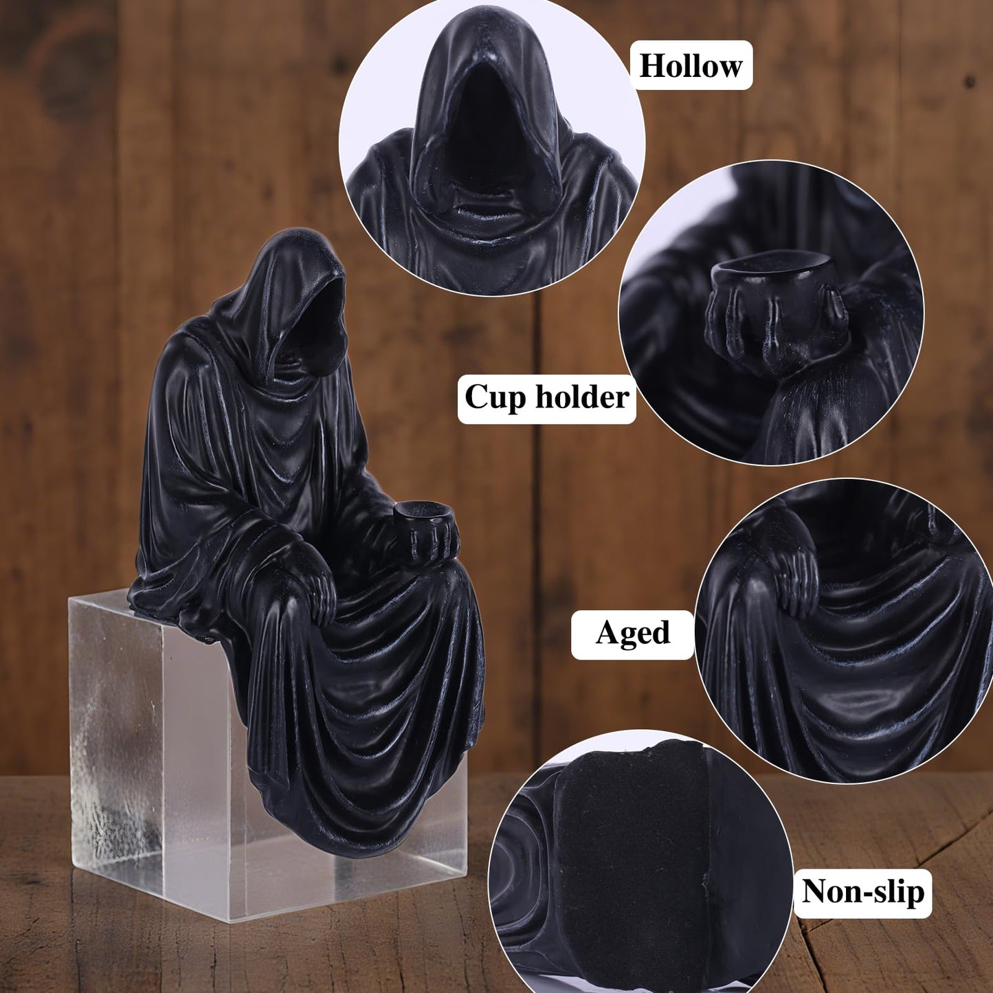 XIAOMAGG Mini Grim Reaper Figurine-Gothic Spooky Sculpture for Garden or Bookshelf,4.7 Inch Hand-Painted Resin Black Robe Mystery Halloween Decor Statue,Tabletop Gothic Decor Sitting Statues