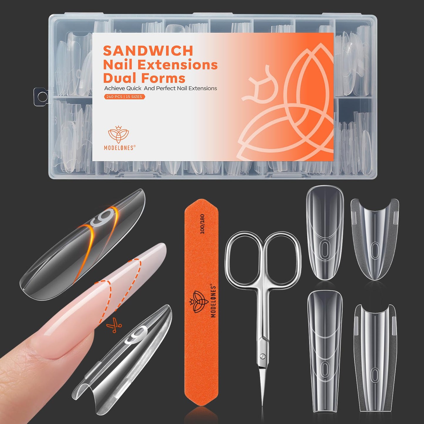 Modelones Poly Nail Gel Sandwich Nail Form Dual System, 240 Pcs Reusable Top & Bottom Oval Coffin Nail Forms with Guide Lines Side Locking Clips Stable Apex Control Builder Gel Structure Extensions