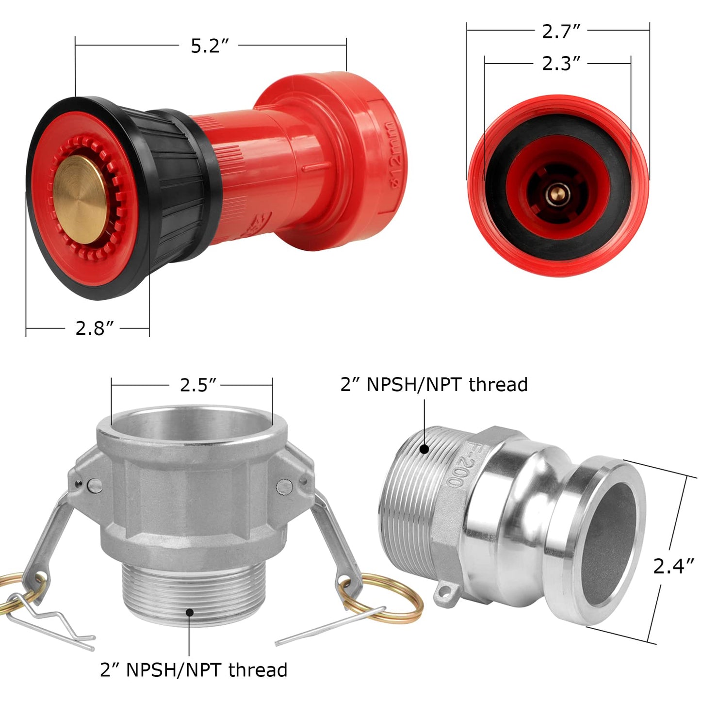 NOVINO Fire Hose Nozzle,2 inch NPSH Heavy-Duty Industrial Fire Hose Constant Flow Fog Nozzle with 2pcs 2" Aluminum Camlock Fitting Coupling Equipment