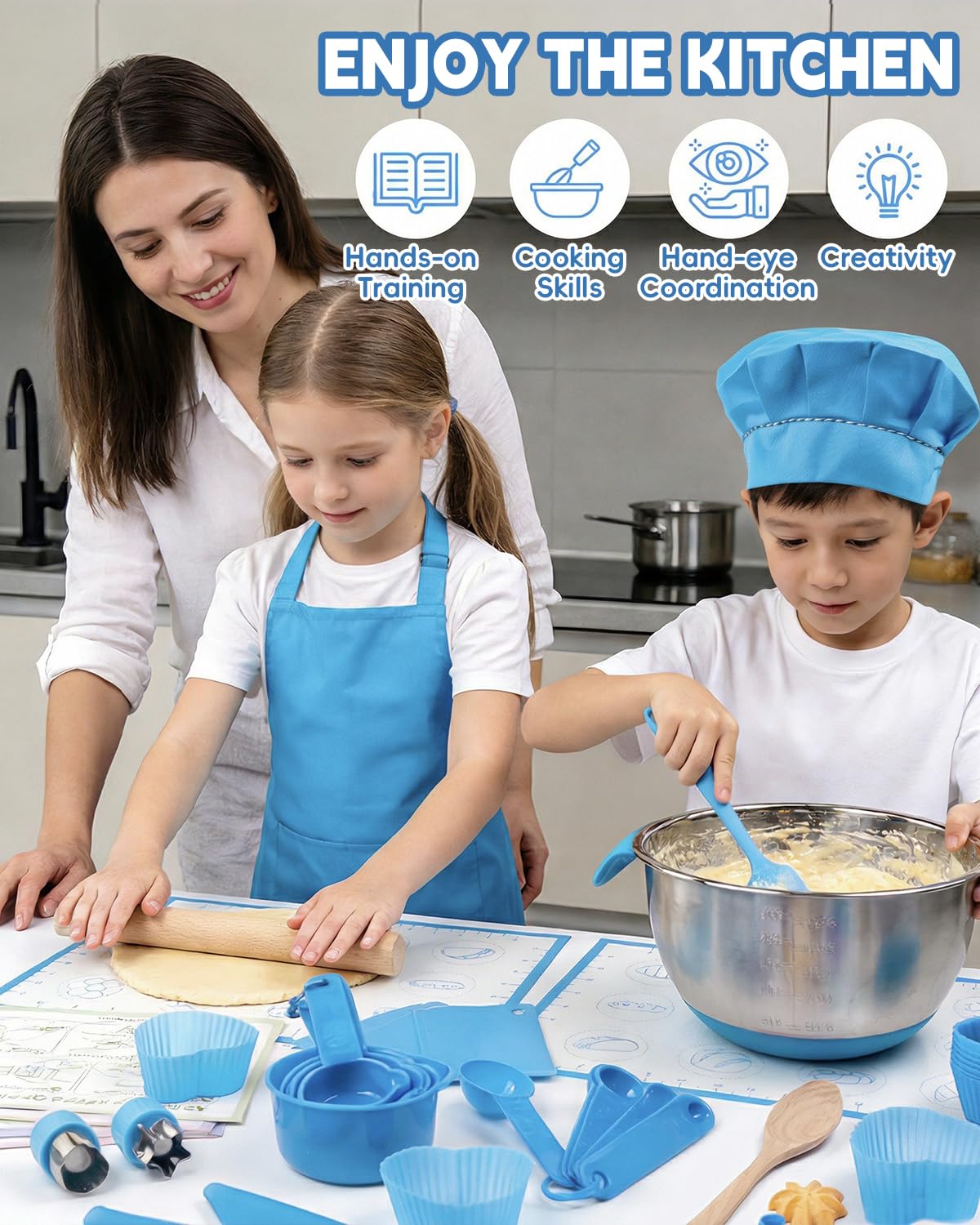 Kids Baking Set–Real Cooking Set for Kids with Kids Cooking Utensils & Kitchen Accessories, Measuring Tools & Baking Supplies,Great Gift for Pretend Play & Montessori Learning (Blue)