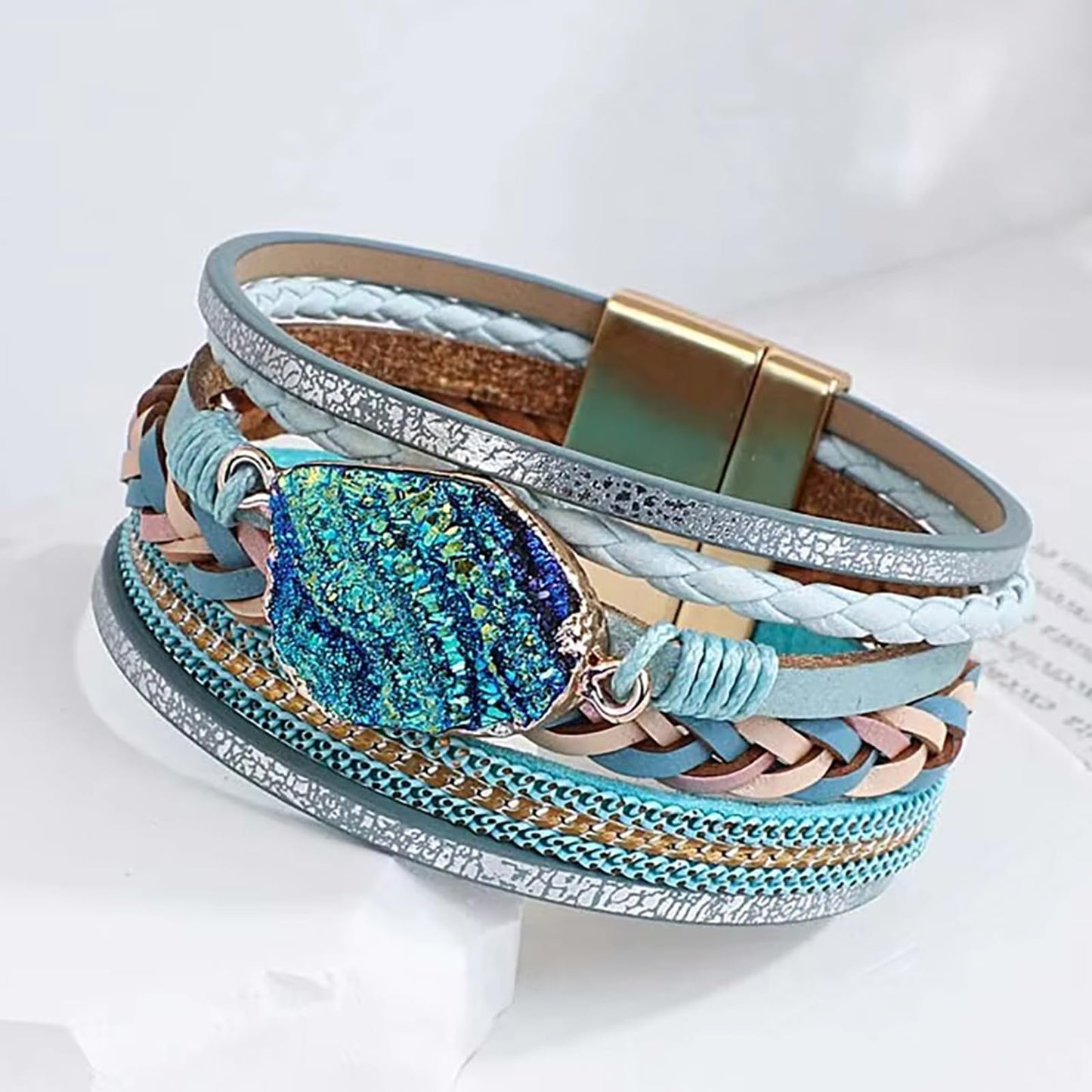 Leopard Bracelet for Women, Boho Leather Wrap Multi-Layer Pearl Crystal Bracelet Bangle Jewelry(Woven Leather(Blue))
