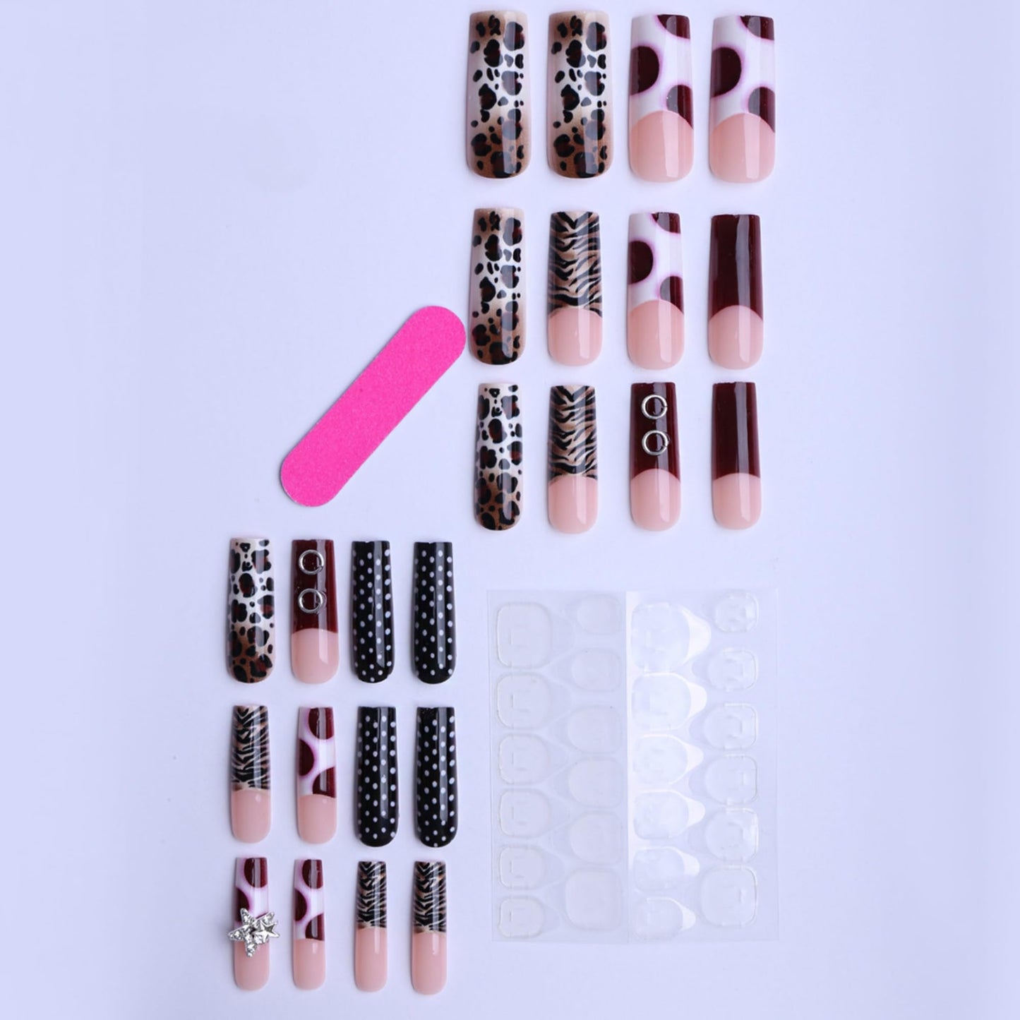 SEENEEY Long Square Press on Nails Brown Fake Nails French Artificial Nail Leopard Designs Stick on Nail for Women 24pcs