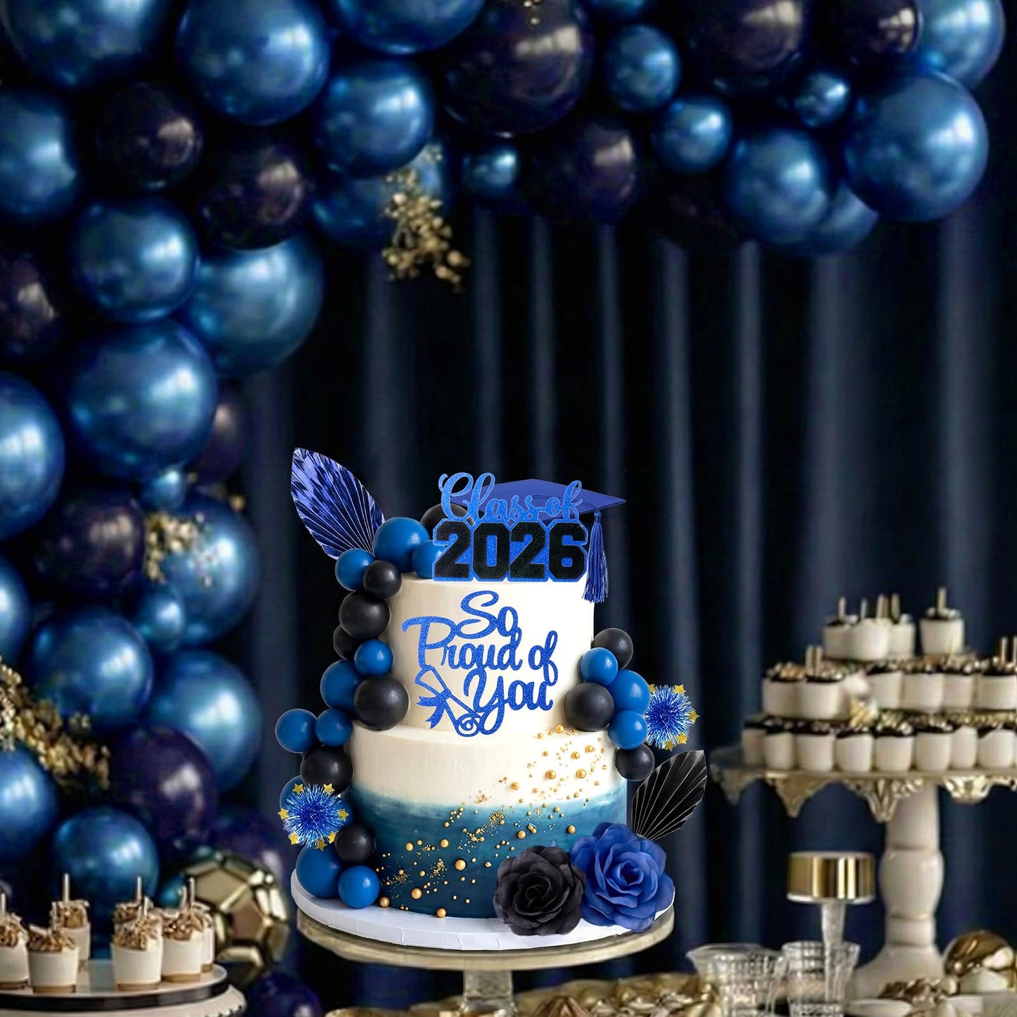 Sureio 48 Pcs Graduation Cake Toppers Class of 2026 Congrats Grad Cake Decor Graduation Cap Diploma Artificial Flower Card Ball Palm Leaves Firework Stick Kit for Theme Party Supplies (Blue, Black)