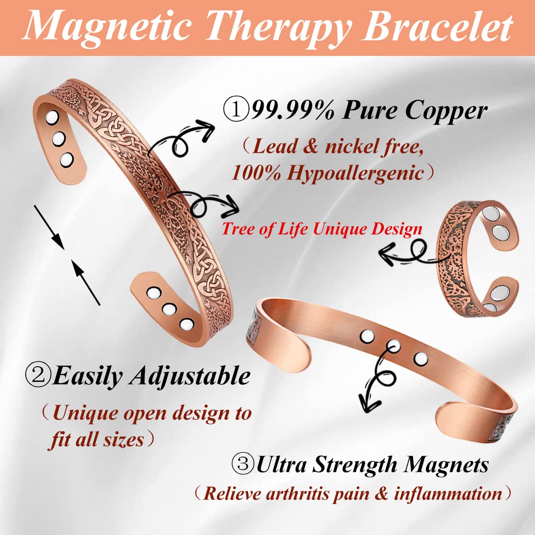 Cigmag Copper Bracelets for Women and Copper Ring Tree of Life Pattern Cuff Bangle Strength Magnets Adjustable
