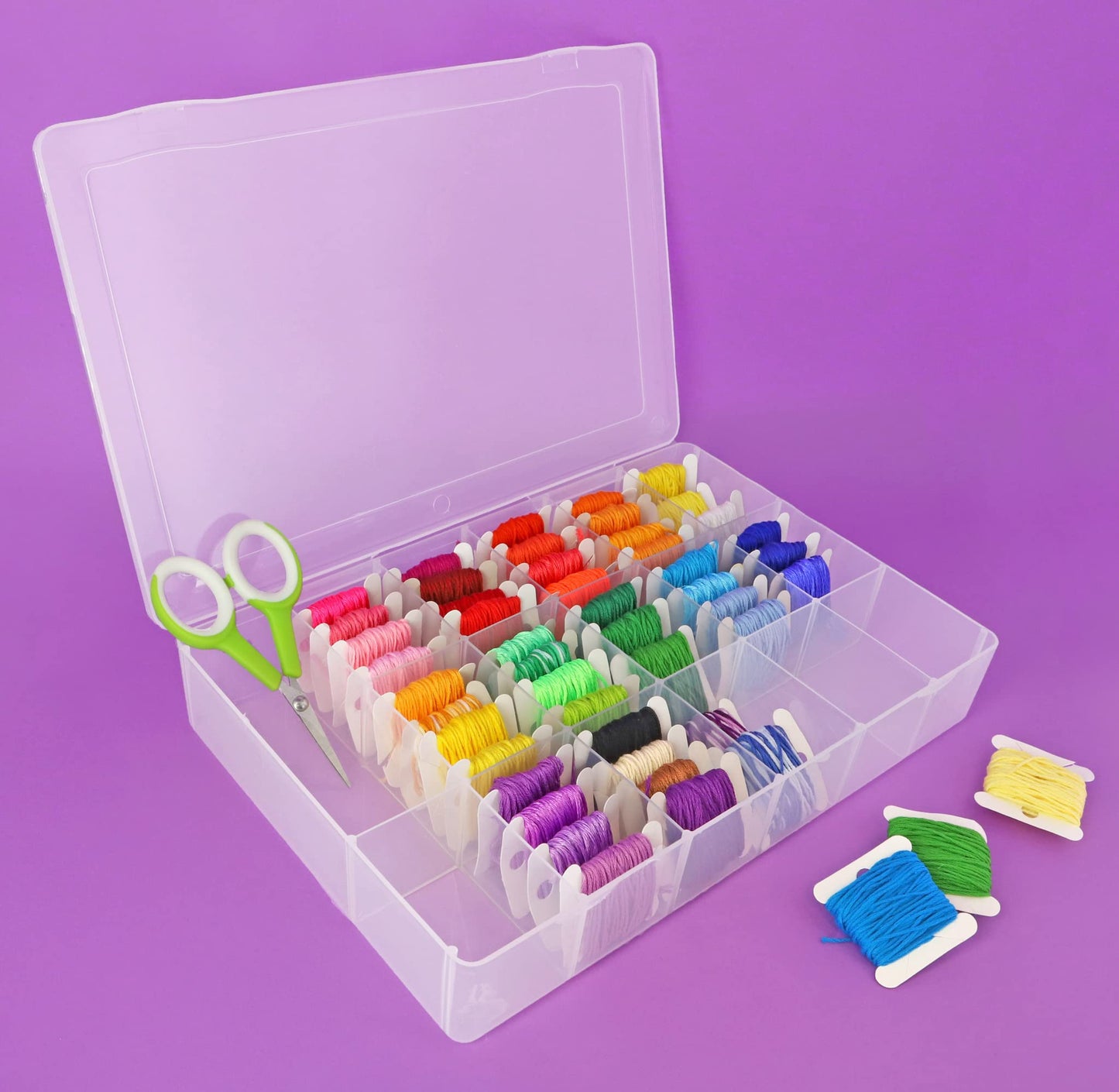 Essentials By Leisure Arts Embroidery Floss Organizer Box with 100 Bobbins, 17 Compartment Clear Storage Case with Living Hinge, Tangle Free Floss Storage, 10.63 x 7.19 x 1.75 Inch