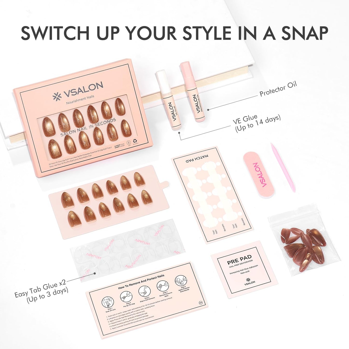VSALON Press On Nails Short Almond, Brown Cat Eye Sparkle Fake Nails Kit, Reusable Glue on Nails, 32 Pcs Stick On Nails in 16 Size
