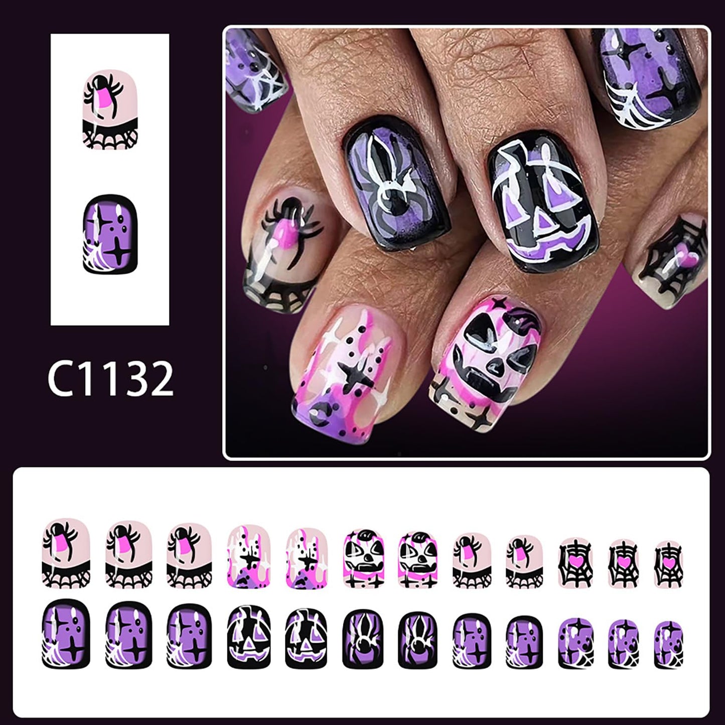 CJDLTS 24Pcs Halloween Press on Nails Short Square Spider Pumpkin False Nail Acrylic Artificial Fingernails Heart Spider Web Flame Design Full Cover Glossy Festival Stick on Nails for Women Supplies