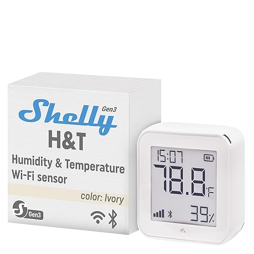 Shelly H&T Gen3 Ivory | Wi-Fi and Bluetooth Smart Temperature & Humidity Sensor with Remote App Control & Monitoring | Smart Scenes | Notification Alerts | LCD Display | Free Data Storage Export