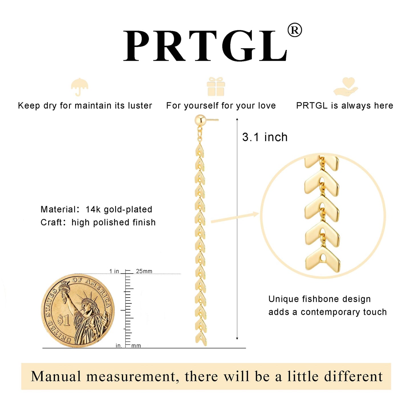 PRTGL Dangle Earrings - 14K Gold Plated Fishbone Wheat Design Long Dangle Earrings for Women