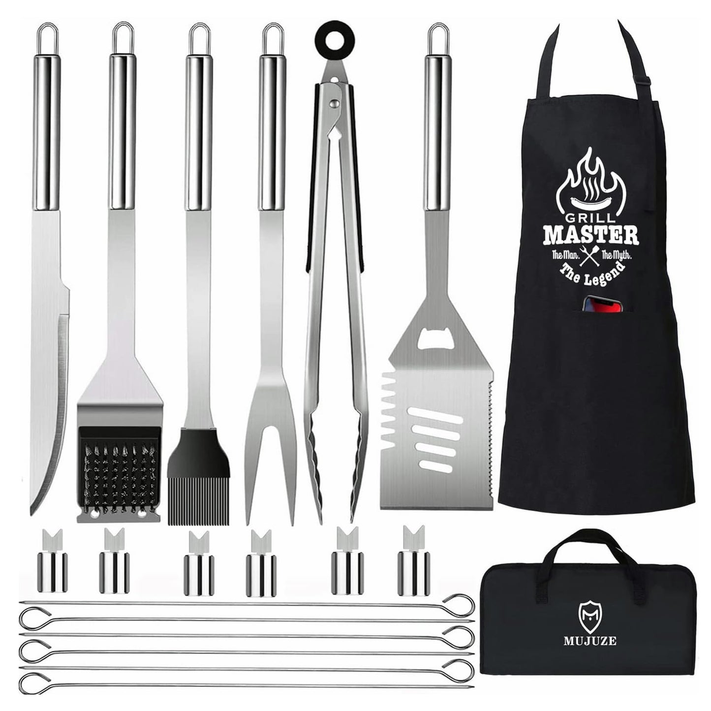MUJUZE Grilling Accessories,Grill Utensils Set for Outdoor,Barbecue Tool Sets for Men,BBQ Accessories with Apron for Dad,Grill Tool Set,Grill Kit for Camping,Backyard