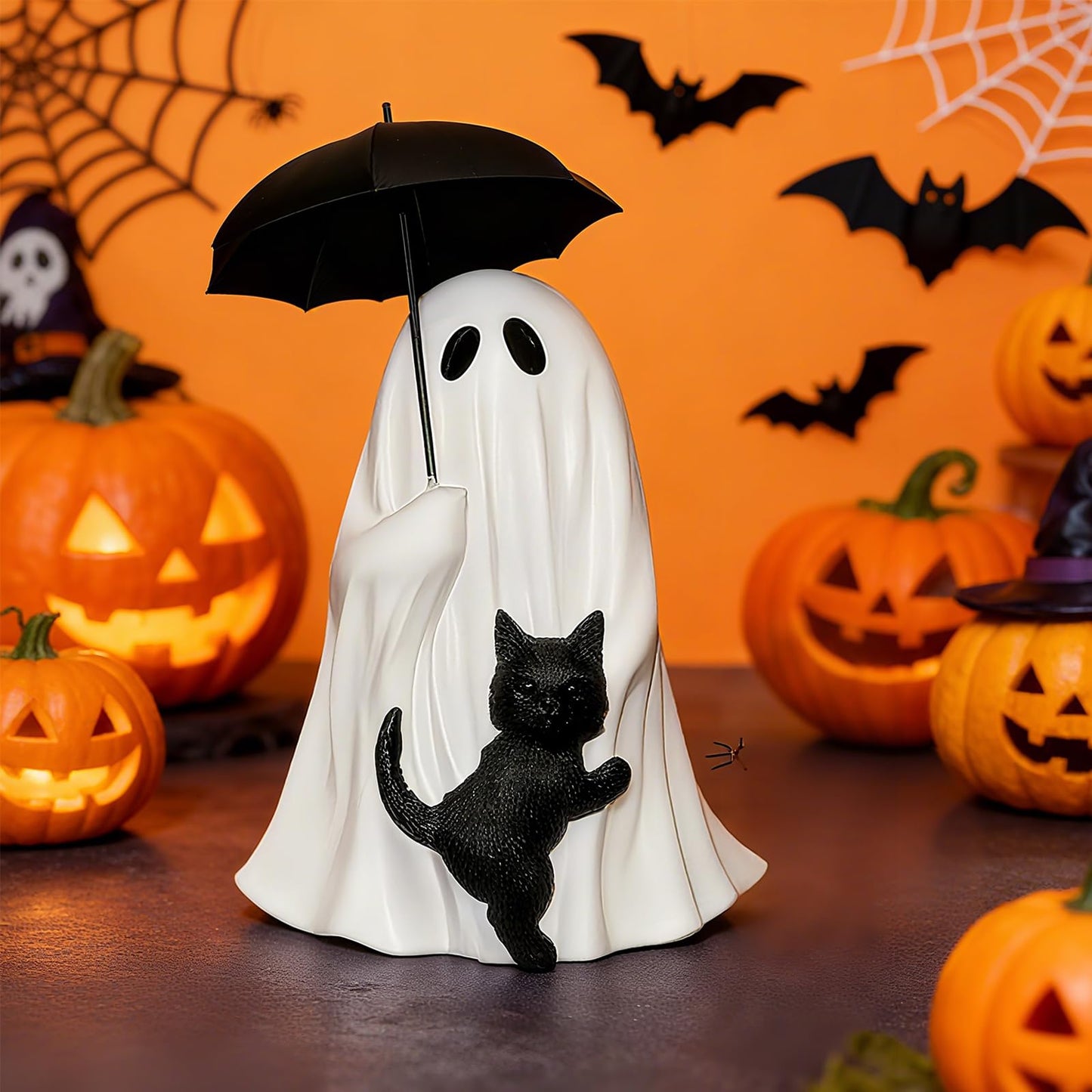YYPLIAN Ghost Holding Black Cat Statue Halloween Ghost Figurines, Ghost Cat with Umbrella Figure for Home Tabletop Funny Decoration (Ghost Holding Umbrella)