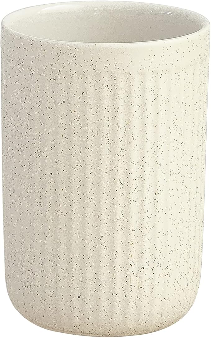 Beige Speckled Ceramic Toothbrush Holder, Rippled Cylinder Tumbler for Bathroom Countertop, Makeup Brush Holder, Pen Organizer, Multipurpose Bathroom Accessory