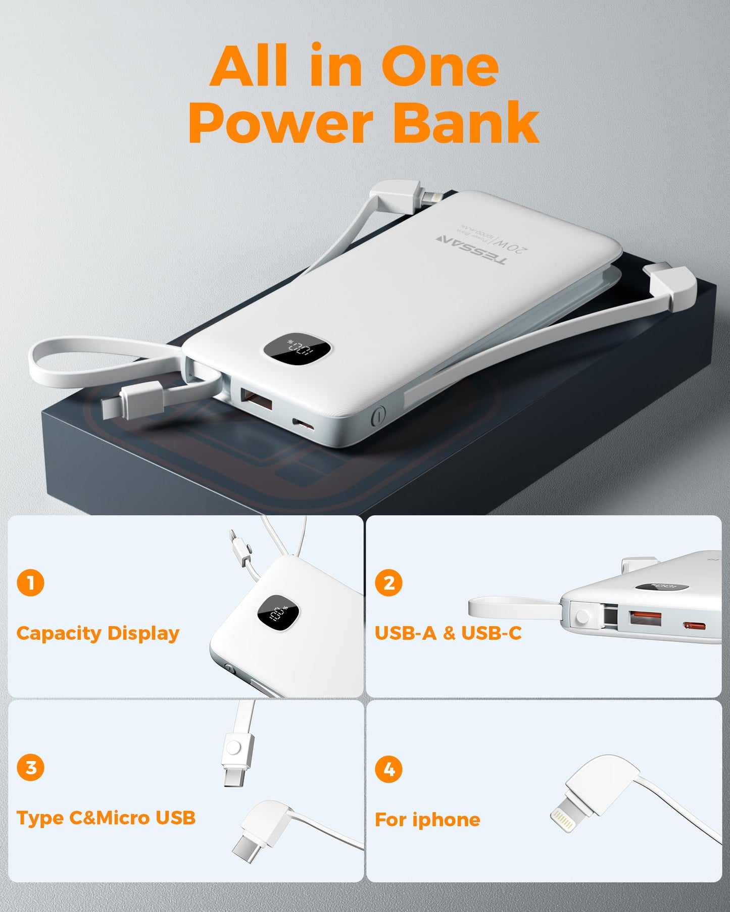 Portable Charger with Built in Cables,TESSAN 10000mAh Power Bank Fast Charging with Foldable Wall Plug Charger, PD20W Compact Battery Pack Travel Essentials for iPhone 17/16/15 Series,Samsung,Tablets