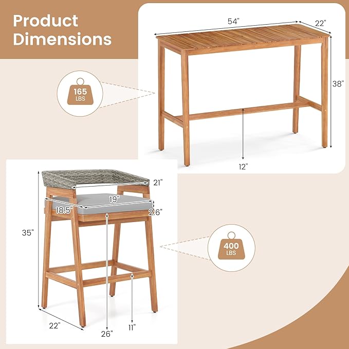 Tangkula 5 Piece Patio Bar Set, Outdoor Acacia Wood Counter Height Table with 4 Cushioned Barstools with Curved Rattan Back and Footrest, for Backyard, Poolside, Balcony