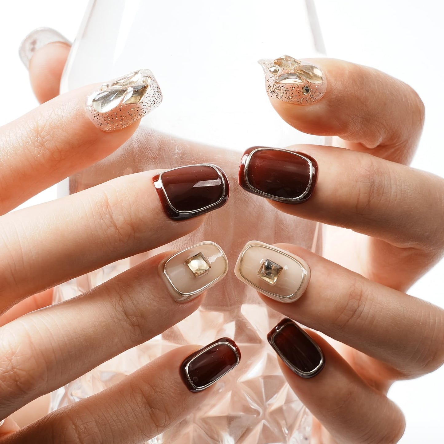 Tesytto Handmade 3D Press On Nails Short Coffin,New Year Valentine False Nails Burgundy Silver Glitter with Geometric Line Art & Hand-Set Rhinestones - 10Pcs Luxury Design (Fiery Red Lips,L)