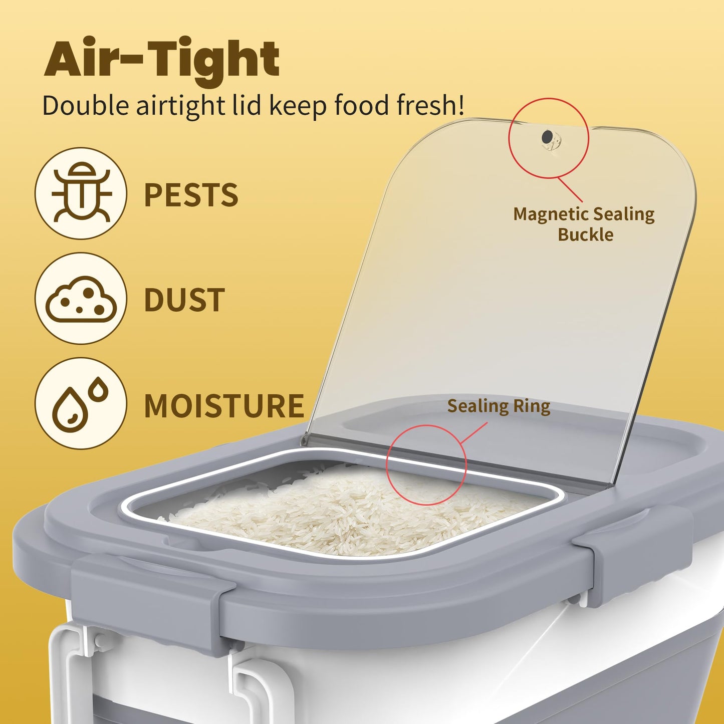 HOYTAMDA 25-35Lbs Rice Container,Collapsible Airtight Food Storage Containers with Wheels,Handle,Rice Storage Container with Small Bin and Scoop,Rice Dispenser for Flour Sugar Cereal Grain Dog Cat