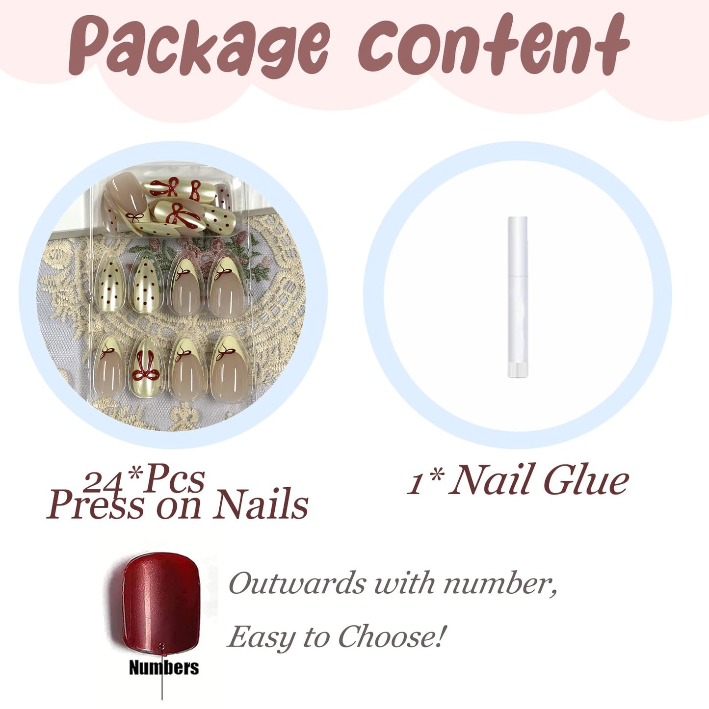 BABALAL Press On Nails, Medium Almond Fake Nails, Butter Yellow, Polka Dot, Chrome Pearl Design, 3D Red Bow, Glossy Acrylic Glue On Nails 24Pcs