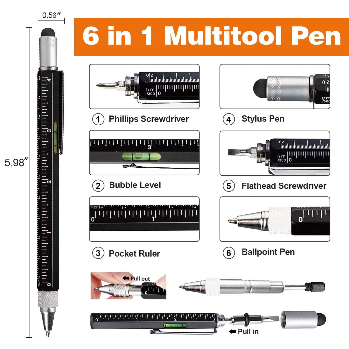 Magnetic Pickup Tool and 6 in 1 Multitool Pen with Touch Screen Stylus, Rulers, Bubble Level, Flathead, Phillips Screwdriver, Ballpoint Pen, BIrthday Gifts for Men, Him, Dad, Mechanic, Women, 2Pack