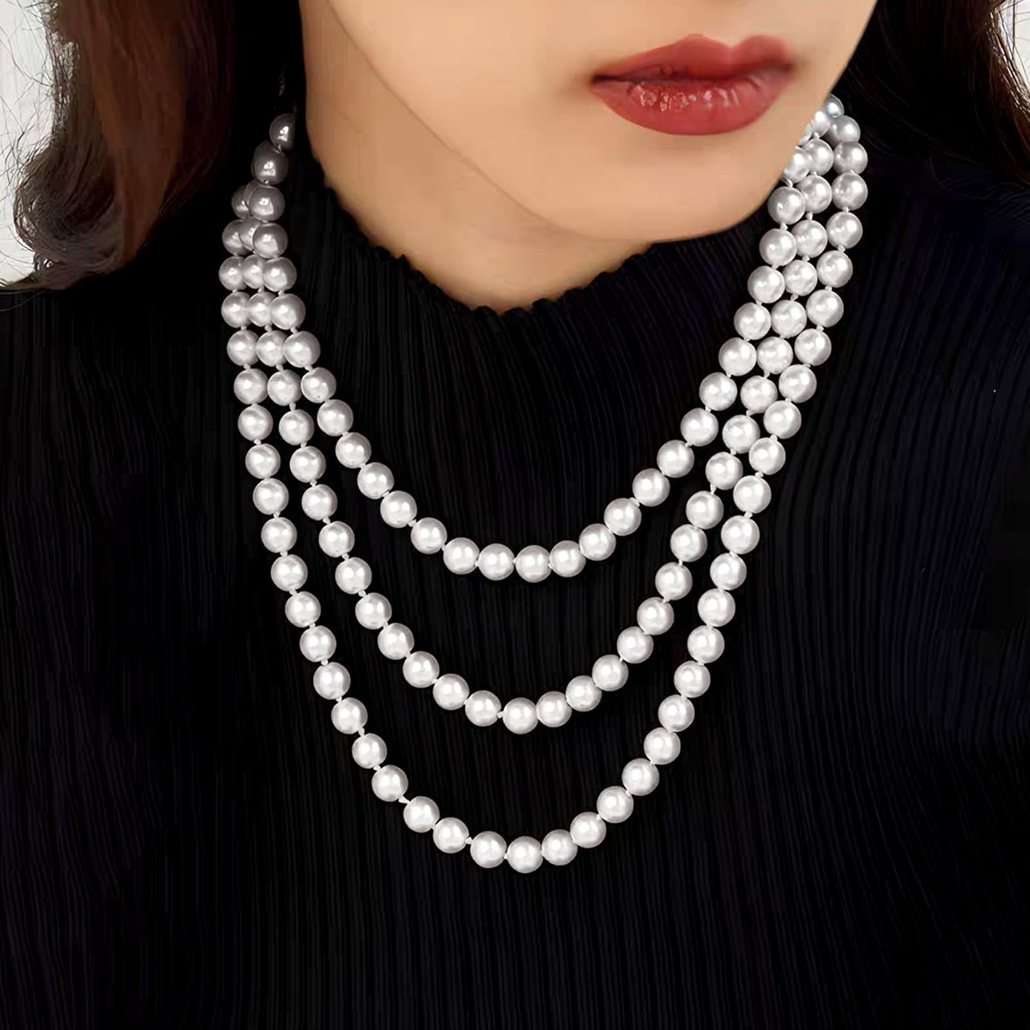 Zeffy Long Pearl Necklaces for Women Layered Faux White Pearl Beads Strand Layered Necklace Bridal Wedding Party 1920s Gatsby Costume Jewelry