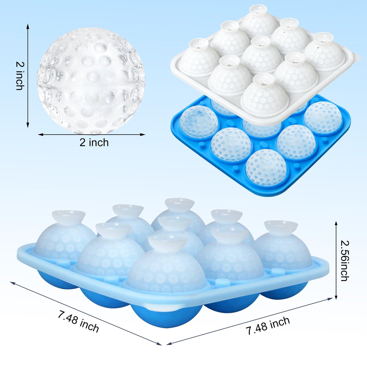 Sidosir 2" Large Golf Ice Cube Ball Silicone Molds with Lid, 9-Cavity 3D Golf Gifts Ball Ice Maker Mold for Whiskey and Cocktails