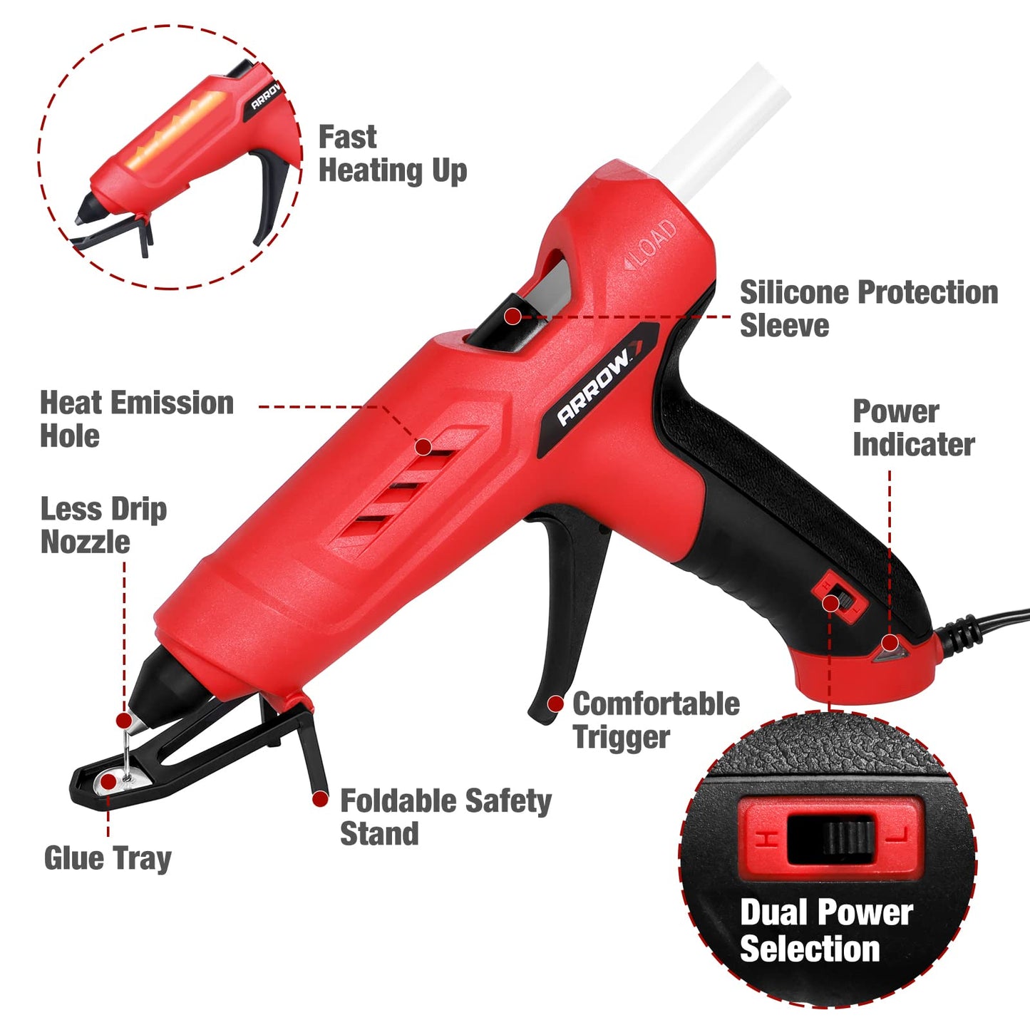 Arrow Full Size Dual Temp Glue Gun Kit with 12 Sticks - Professional, High/Low Temperature, Fast Heating, Heavy Duty with Stand for Décor, Crafts, Repairs, Construction