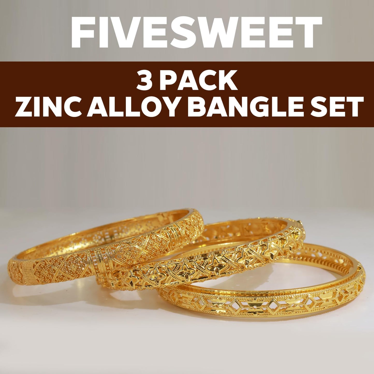FIVESWEET 18K Gold Plated Women's Bangle Bracelet Set - Stackable Bulk Bracelets with Hollow Diamond, 3D Starburst and Glittering Lattice Designs, Minimalist Stylish Elegant, Tarnish & Oxidation Resistant, Gift for Her Girlfriend Wife Mom Sister Lover on