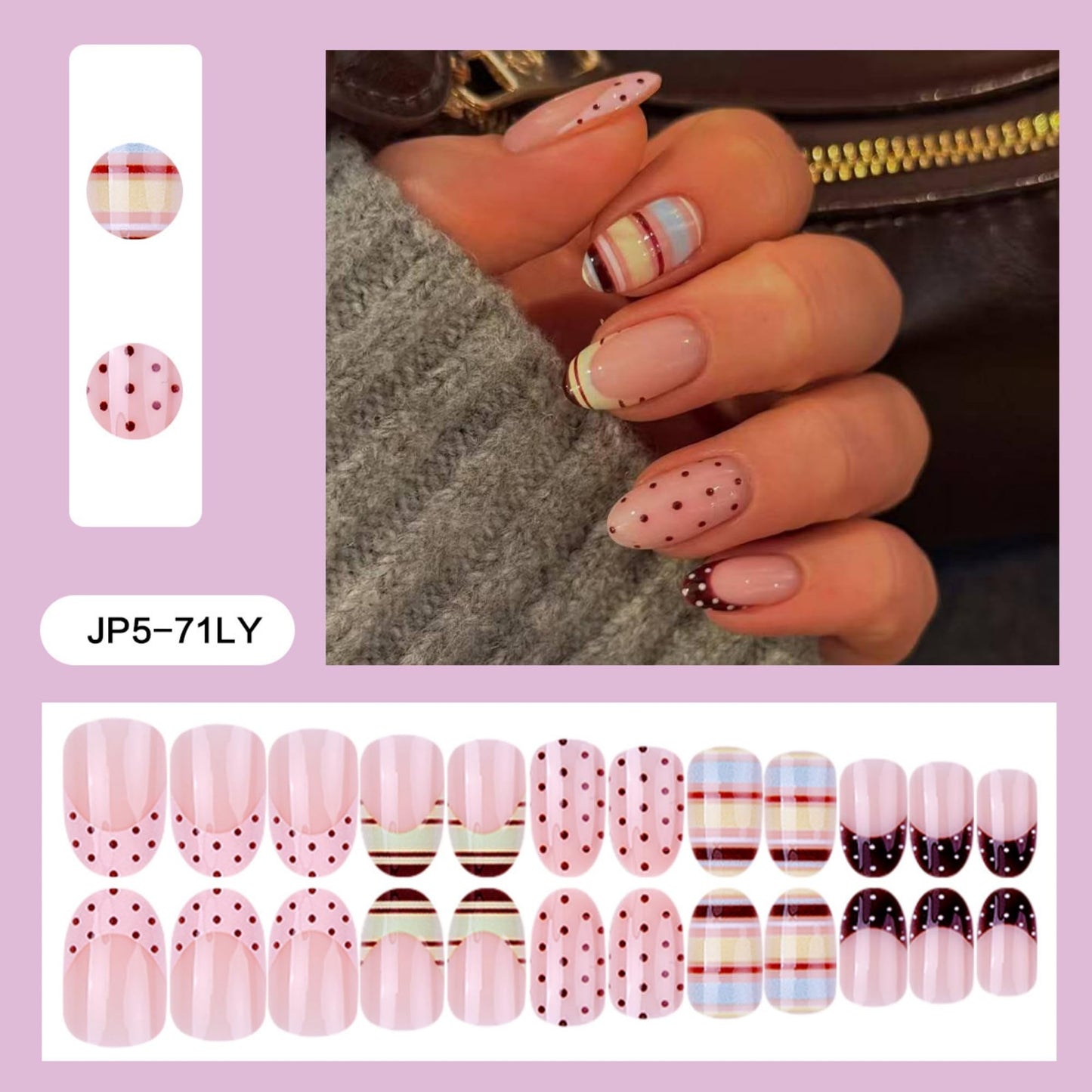 OCTOSWAVE Oval Press on Nails for Women, Short Acrylic Fake Nails with Polka Dot & Plaid Design, Cute Nail Art for Party, Date, Office, 24Pcs