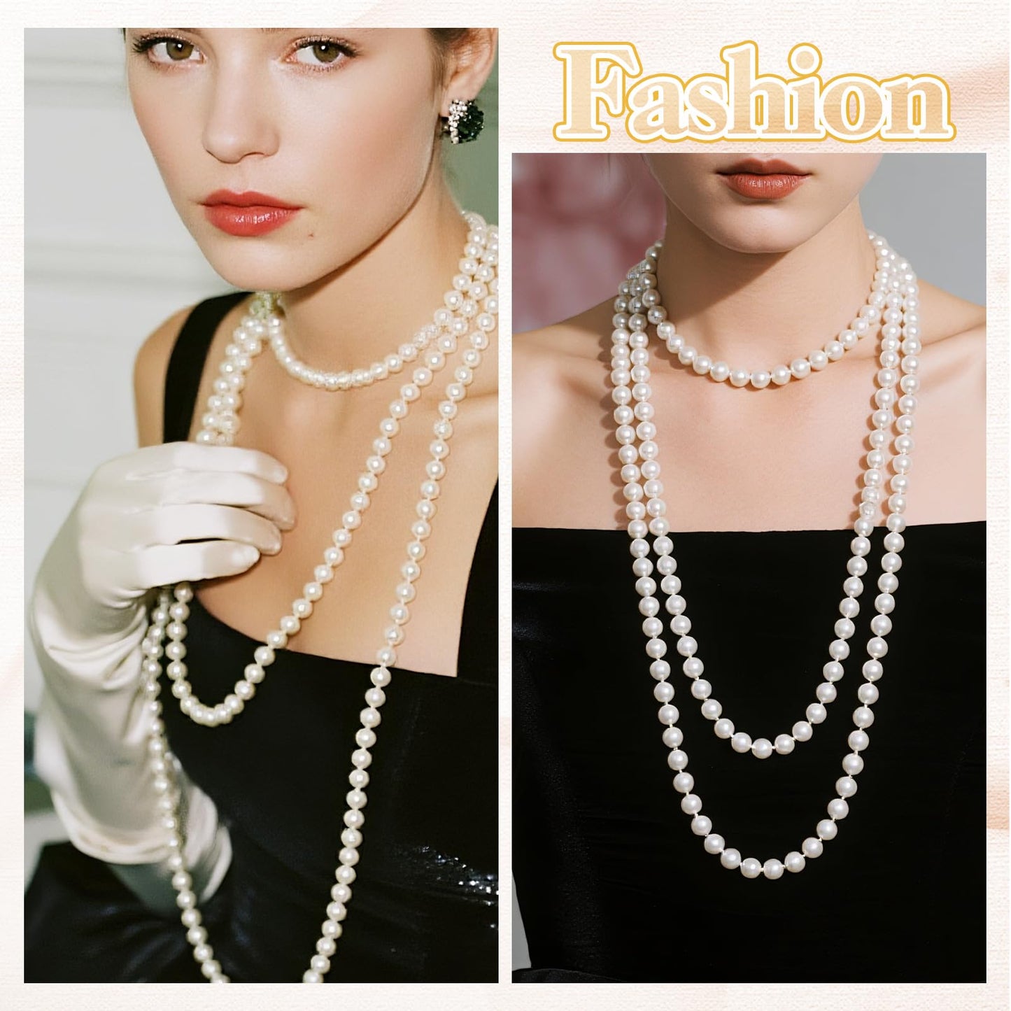 150cm Long Fake Pearl Necklace, 8mm Plastic Pearls Layered Choker for Women, Elegant Imitation Pearl Strand for Wedding, Halloween, Costume Party (White)