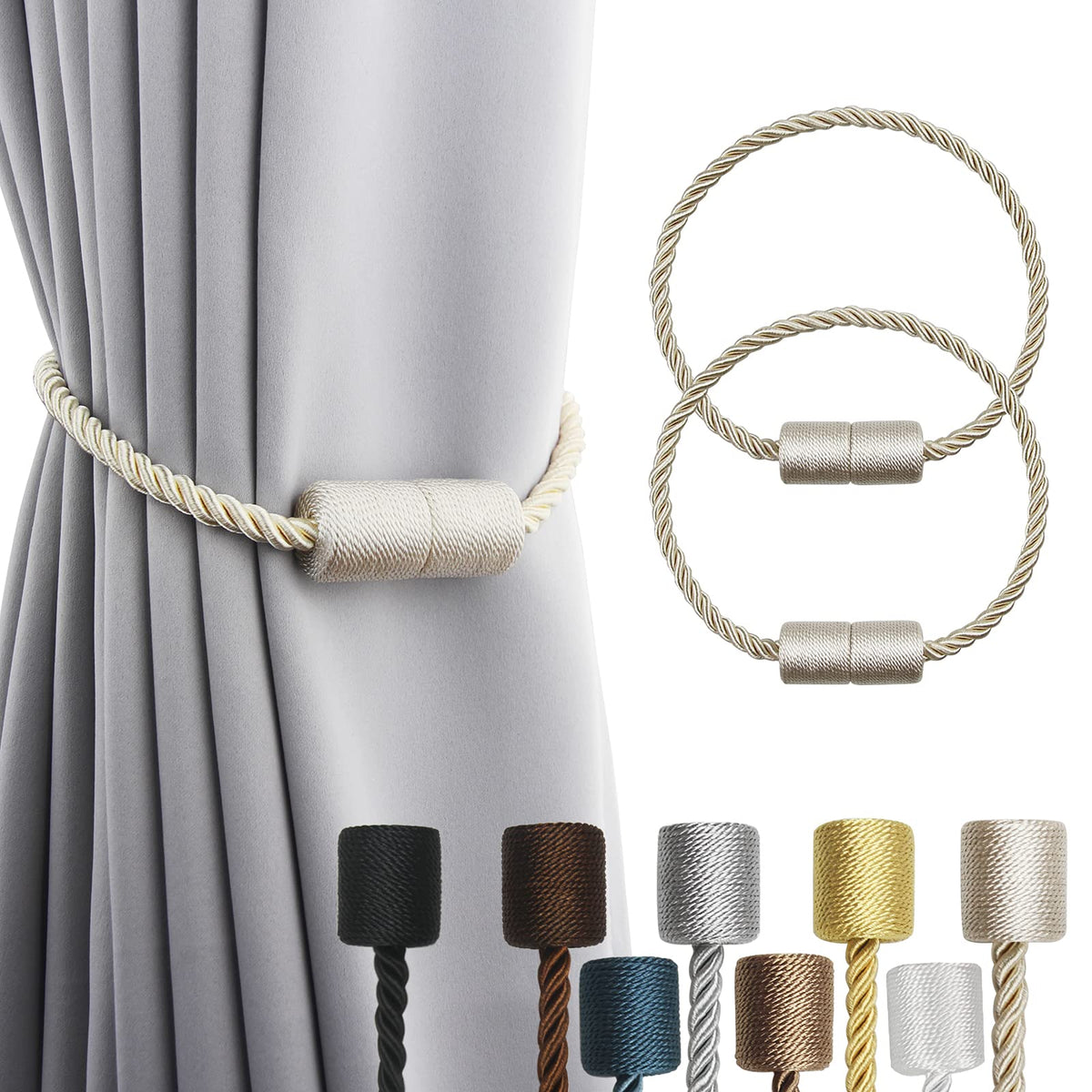 2 Pack Beige Strong Magnetic Curtain Tiebacks Outdoor Elegant Decorative Tie Backs Modern Rope Tiebacks for Drapes Window Curtain Holdbacks for Draperies (2 Count)