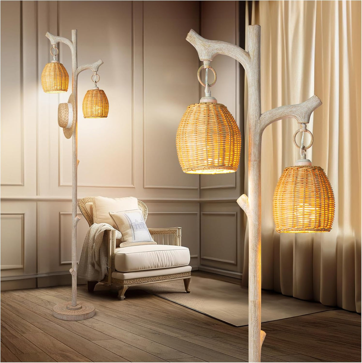 68" High Farmhouse Rustic Country Cottage Floor Lamp Tree Trunk Faux Wood Column White Washed Wicker Drum Shade Decor for Living Room Bedroom Reading Room