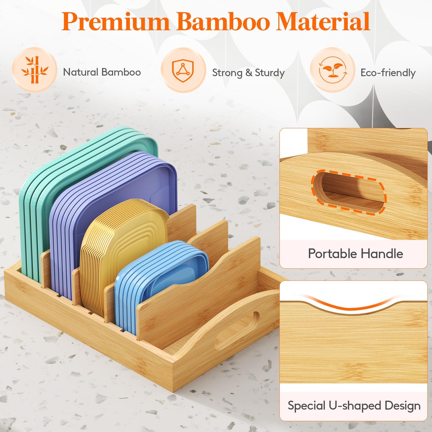 Lifewit Bamboo Lid Organizers for Inside Cabinet, Food Storage Container Lid Holder with 4 adjustable Inserts & 5 Sections, Kitchen Pantry organizer and storage, 10.6" X 8.3"