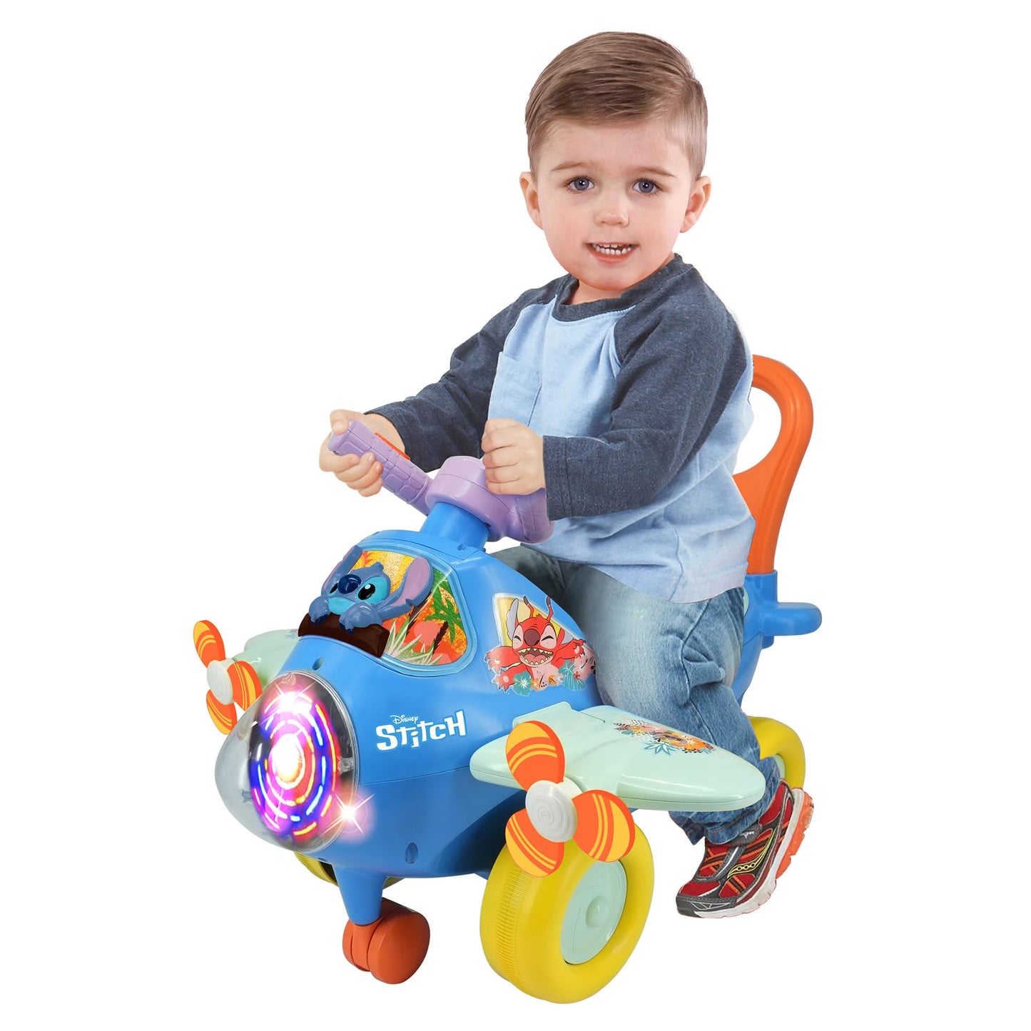 Kiddieland Disney Stitch Lights & Sounds Activity Plane Ride-On, Foot-to-Floor Toy with Interactive Dashboard, Rotating Propellers, Push Handle, for Toddlers 12–36 Months