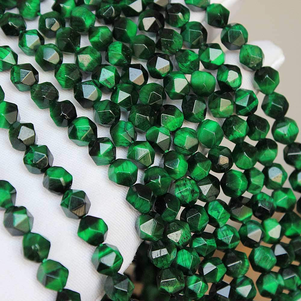 MJDCB Best Sellers Natural Stone Beads Faceted Polygon Green Tiger Eye Crystal Energy Stone Healing Power for Jewelry Making(8mm)