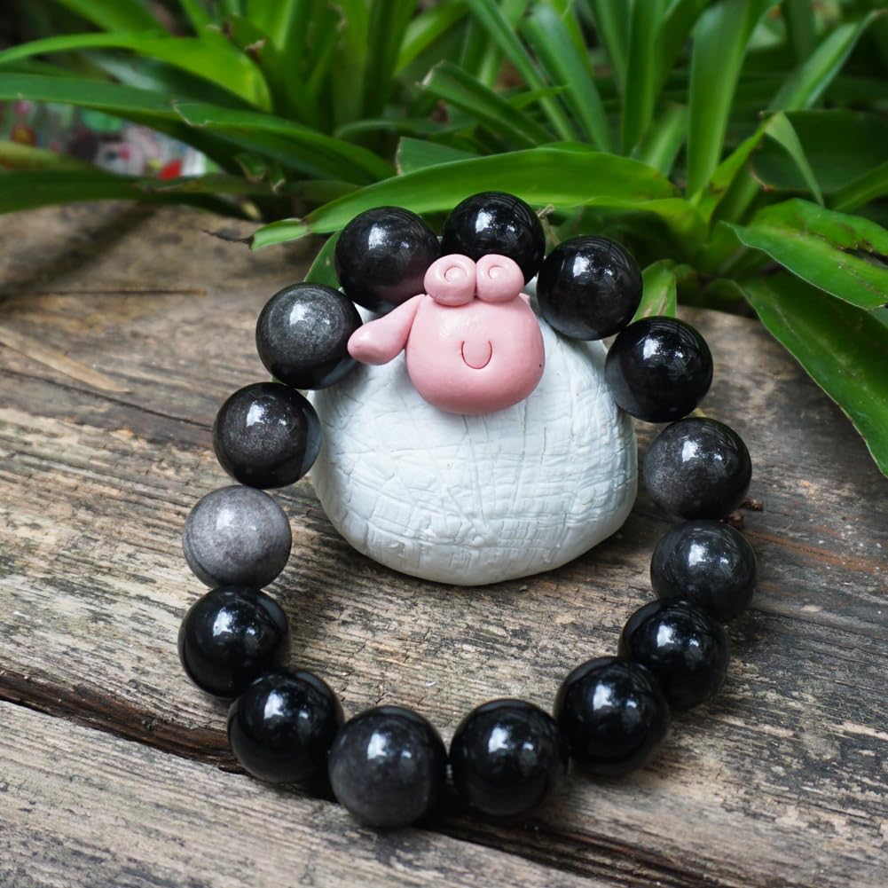 TaHLga 14mm Silver Obsidian Crystal Bracelet | XLarge Size | Natural Root & Third Eye Chakra Stone | Protection & Intuition | Fits for XLarge Wrist 8.5-9" | Come with Box & Pouch