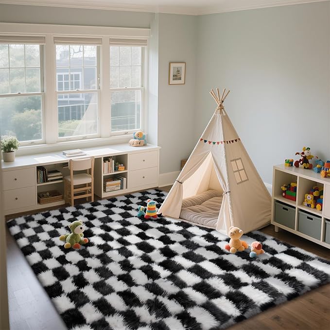 Large Area Rugs for Living Room Bedroom,9x12 Black and White Fluffy Soft Checkered Rug Fuzzy Shag Shaggy Carpet, Indoor Plush Floor Rugs for Kids Boys Girls Teen Dorm Nursery Home Decor